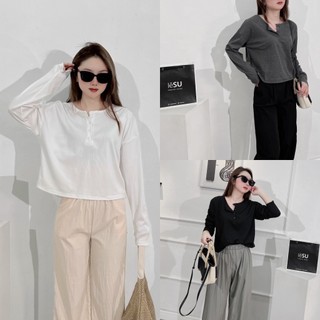 ẢNH TỰ CHỤP Áo Thun lửng sọc gân cài nút tay dài