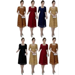 Đầm trung niên đi tiệc dáng midi cổ vuông đính ngọc xếp ly chất thun lưới 2 lớp size 48-70kg, Đầm trung niên cho mẹ 70kg
