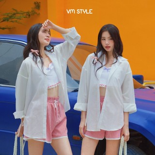 Áo sơ mi trắng mỏng khoác ngoài nữ VMSTYLE tay dài thắt nơ 2 bên form rộng đi biển, đi chơi SMU00228