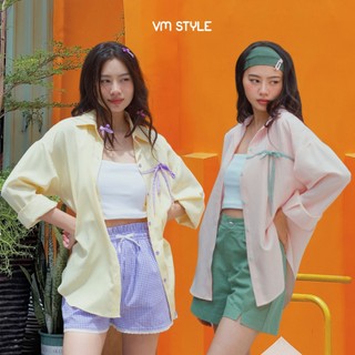 Áo sơ mi nữ khoác ngoài kẻ sọc VMSTYLE kiểu cột dây form rộng đi biển, đi học màu pastel SMU00229