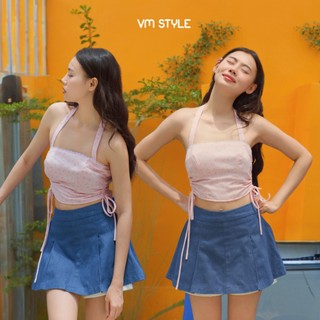 Áo cổ yếm basic đi biển VMSTYLE, Áo kiểu nữ rút eo 2 lớp ôm dáng tôn eo đi chơi,đi chụp ảnh ASU00560