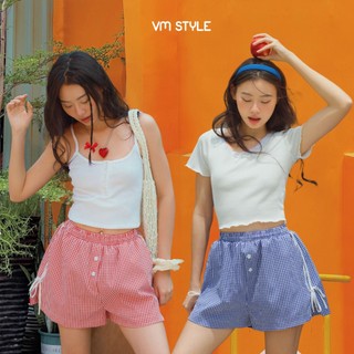 Quần short caro nữ phối dây nút hoa VMSTYLE, Quần sooc đùi nữ lưng thun mặc đi biển, đi chơi, mặc nhà VM217 QSU00037
