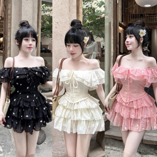 BIGSIZETIX S33 Set 2 món: áo trễ vai voan bèo +chân váy 3 tầng xinh xắn 50-90kg