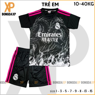 Áo Đá Bóng Trẻ Em Real Madrid Đen Hồng, Đồ Đá Banh Trẻ Em Vải Thun Lạnh Cao Cấp