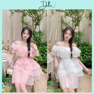 Đầm Tiểu Thư Trễ Vai Chất Liệu Tơ Xốp Nhiều Tầng Dáng Xoè Bồng Bềnh, Váy Dự Tiệc Chụp Ảnh Sinh Nhật