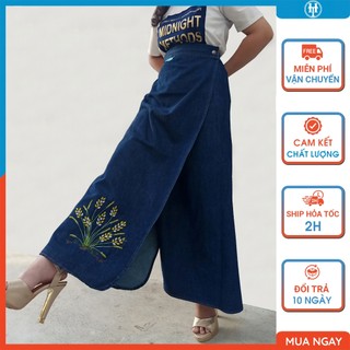 Quần váy chống nắng nữ vải jean dày có túi và nút bấm chân thêu Bông lúa JHTQ02 H&T FASHION