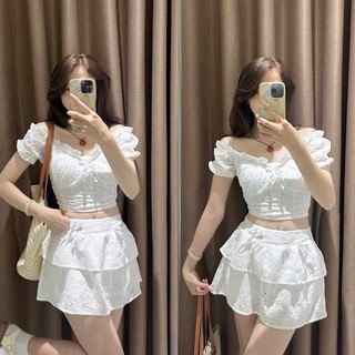 SET 2 CHI TIẾT: Áo trễ vai cup ngực chất ren boi thêu hoa kèm chân váy ngắn tầng