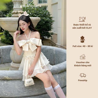 Aurora Dress Váy / Đầm Be Trễ Vai Buộc Cổ Nơ Ngực Dáng Ngắn Xoè Thiết Kế Bigsize Clay Clothing