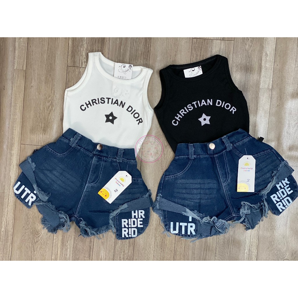 Bộ quần jean rách và áo thun Dior cho bé gái siêu cá tính, năng động ngày hè từ 10-40kg