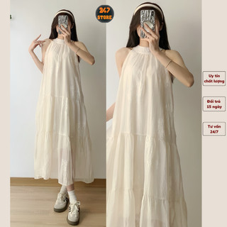 Váy đầm nữ cổ yếm maxi đi biển chất vải voan thêu hoa 2 lớp form to - Vaymaxi3455_P5K4