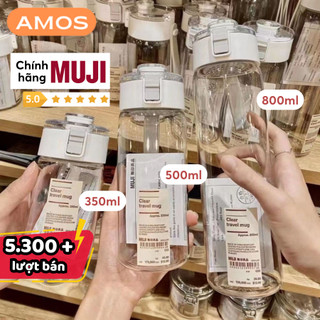Bình nhựa đựng nước Muji trong suốt 350ml, 550ml, 800ml cao cấp có nắp chống tràn và quai đeo silicone