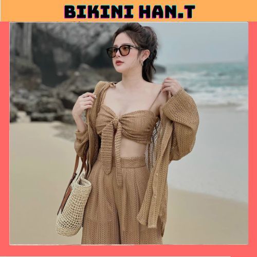 Ms 083 Đồ bơi bikini đi biển set ba món áo có lót ren quần suông kèm sơ mi thiết kế sang chảnh HAN.T