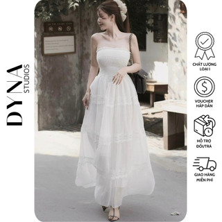 Váy quây maxi trắng 𝐀𝐒𝐇𝐘𝐋𝐄𝐘 chất thô đũi phối chun dáng dài nhún ren