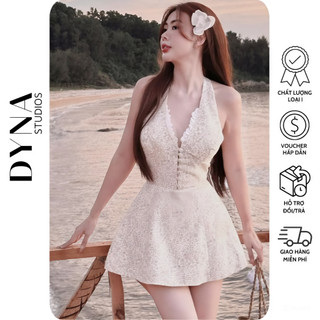 Váy gấm hoa cổ yếm V phối ren 𝐀𝐒𝐇𝐘𝐋𝐄𝐘 hở lưng chân xoè xinh xắn