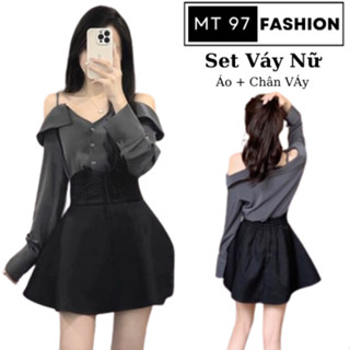 Set Váy Nữ Áo Kiểu Trể Vai Tay Dài Kèm Chân Váy Cạp Cao Có Quần MT97 FASHION Chất Vải Lụa Sang Chảnh Đi Tiệc Biển Cafe
