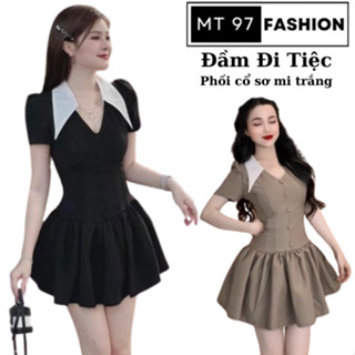Đầm Đen Đi Tiệc hela clothes MT97 FASHION Váy Nữ Áo Cổ Sơ Mi Phối Cổ Trắng Nút Bọc Chất Tuyết Mưa 2 Màu (HÀNG CAO CẤP )