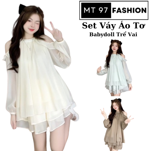  Đầm Nữ Rời Set Váy Áo Tơ Bèo Nữ Hở Vai Babydoll 2 Dây Trễ Vai MT97 FASHION Kèm Chân Váy Xòe 2 Tầng Đi Chơi Dự TIệc Sang 