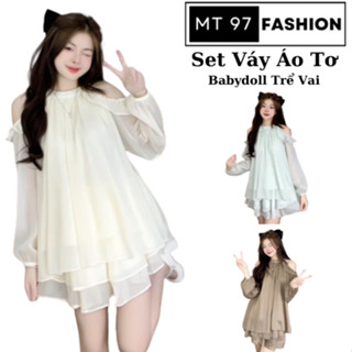 Set Váy Áo Tơ Bèo Nữ Hở Vai Babydoll 2 Dây Trễ Vai MT97 FASHION Kèm Chân Váy Xòe 2 Tầng