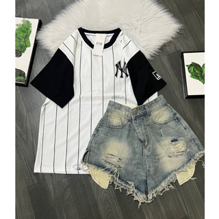 Set áo phông Ny Logo Thêu Cotton khô 3158 kèm quần Short Jean hở túi