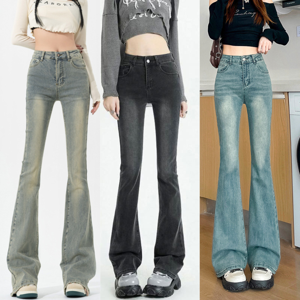 Quần Jean Ống Loe To Nữ MIAA Co Giãn Lưng Cao màu RETRO, quần ống loe nữ chất jean dày dặn màu vintage