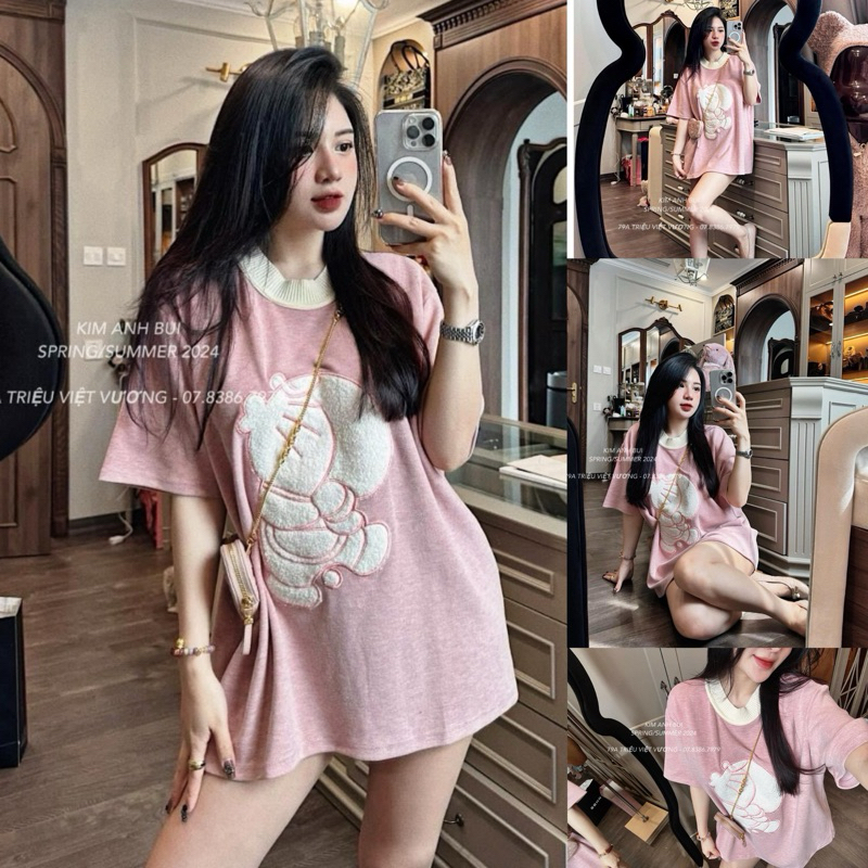 Áo phông rộng thêu xù đô rê mon màu hồng đỗ siêu hot- Hàng loại 1