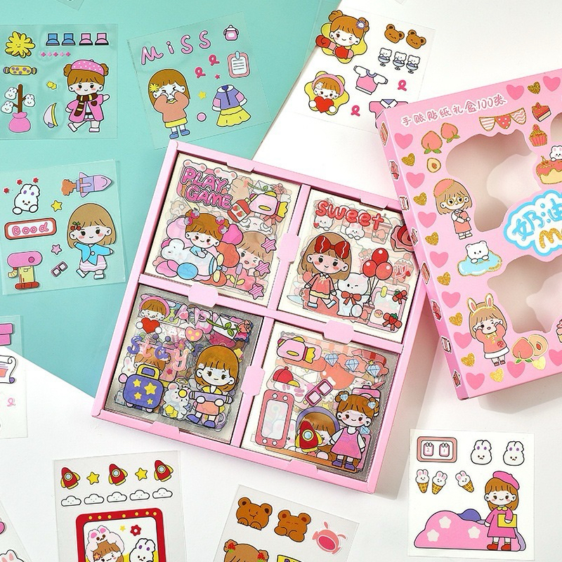 Hàng To Loại 1 | Hộp 100 tấm sticker cute, đáng yêu trang trí đồ vật, vở, sách