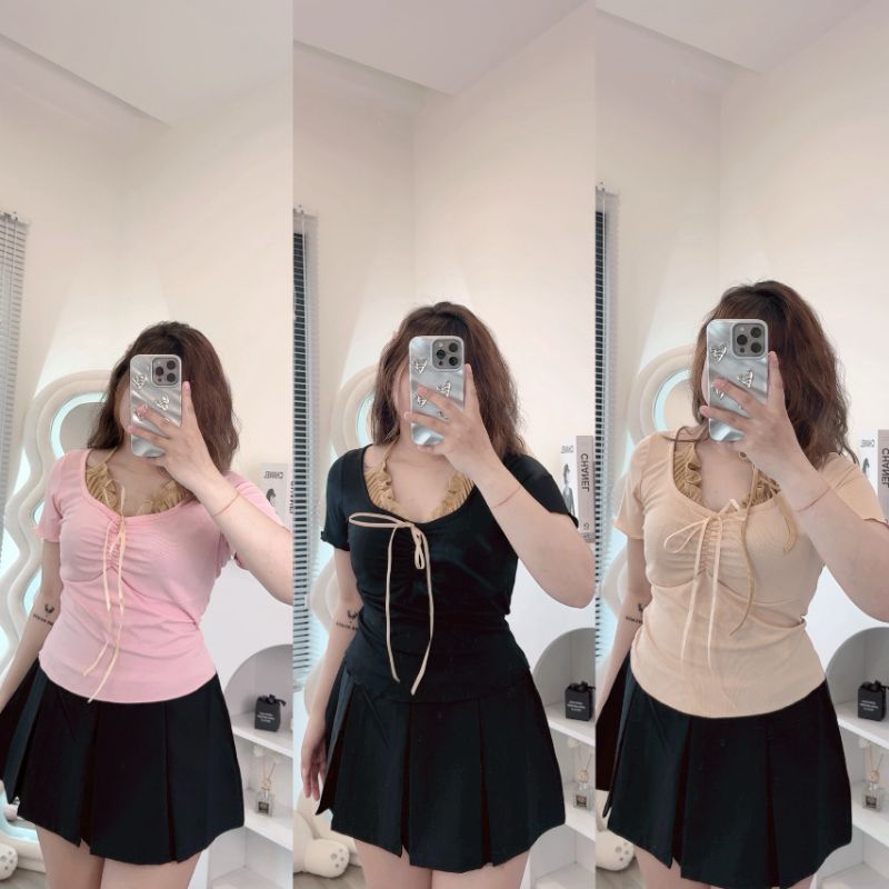 [bigsize 60_90kg] Áo thun cổ yếm co giãn