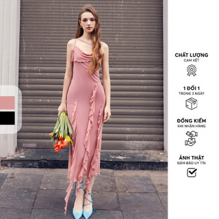 Đầm 2 dây maxi lưới chun hồng nâu và đen bèo rủ 411DR7010 ADORE DRESS