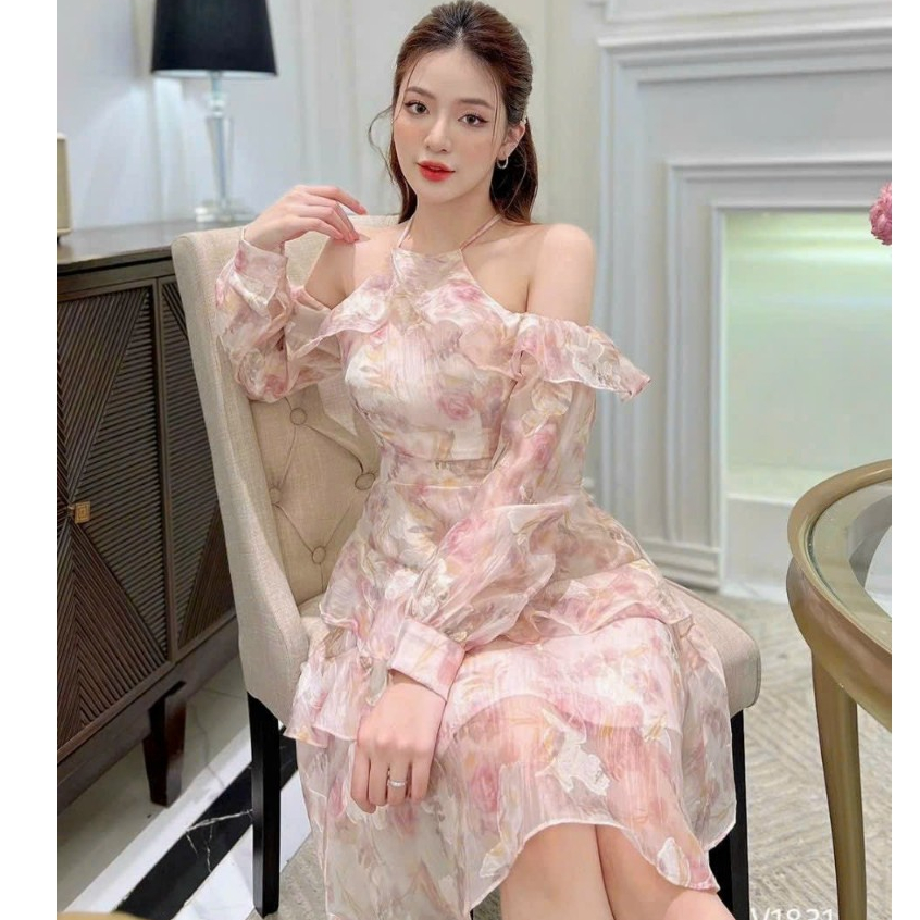 Đầm dự tiệc thời trang nữ sang trọng chât voan hoa cổ dây trễ vai tay dài có mút dáng váy chữ A kèm lót dài midi