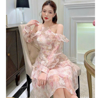 Đầm dự tiệc thời trang nữ sang trọng chât voan hoa cổ dây trễ vai tay dài có mút dáng váy chữ A kèm lót dài midi