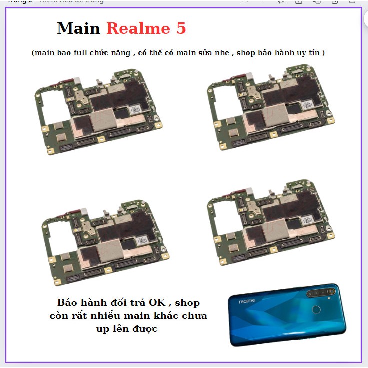 Main Realme 5,bao full chức năng , có main bị sửa nhẹ,đều ok