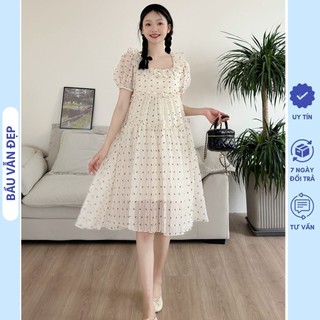Đầm váy bầu công sở cộc tay mùa hè chất voan tơ 2 lớp mềm mại dáng suông tầng cổ bèo điệu đà v858