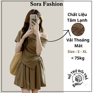 Set Áo Trễ Vai Nữ Kèm Quần Sooc Xòe Sora Fashion,Set Bộ Áo Nữ Lệch Vai Dây Rút Chất Thun Tăm 142