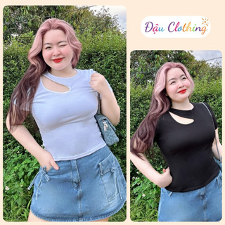 Áo thun bigsize nữ xẻ vai tay ngắn cổ tròn vải borip co giãn tốt cá tính dễ thuong cho nữ Chubby A46