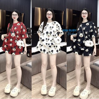Set bộ nữ áo form rộng tay ngắn quần đùi in chuột Mickey Kim Ruby Fashion chất thun
