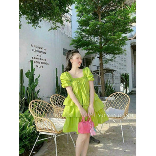 Đầm nữ babydoll thời trang đi chơi nhẹ nhàng chất lụa 100D cổ vuông có nún tay phồng dang váy xoè bèo dài midi