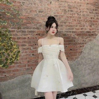 Đầm thời trang nữ sang trọng đi tiệc quyến rũ chất tapta 2 dây trễ vai có mút kèm đính phụ kiện dáng chữ A mini