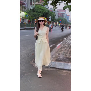 SK46 Set Áo Sơ Mi Cổ Tim Váy Dài