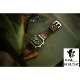 Dây đồng hồ da thật ram leather pilot cho casio ae 1200 whd và đồng hồ dây 18mm da bò nâu siêu bền