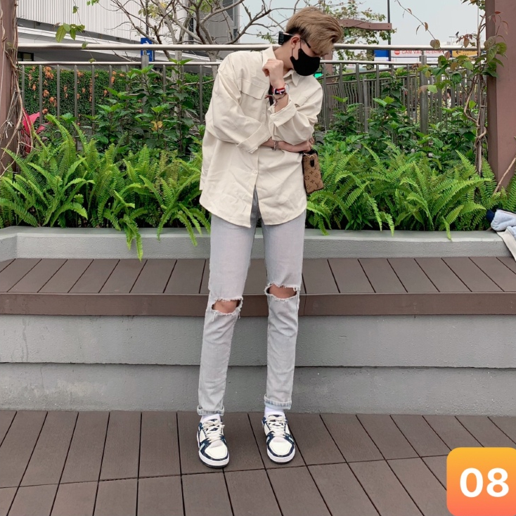 Quần jean nam rách gối màu xanh nhạt trơn chất bò cao cấp co dãn 4 chiều đẹp form dáng skinny boy ph