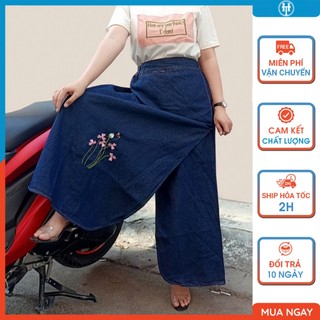Váy chống nắng jean nữ cao cấp kiểu dáng xẻ tà có nút bấm chân thêu Cỏ 3 lá hồng JHTX03 H&T FASHION