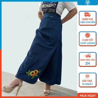 Váy chống nắng nữ dạng quần vải jean dày cao cấp có nút bấm chân thêu Hoa JHTQ09 H&T FASHION