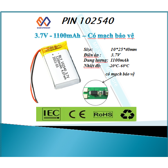 Pin sạc Lithium  3.7V 102540 1100mah (có mạch bảo vệ)