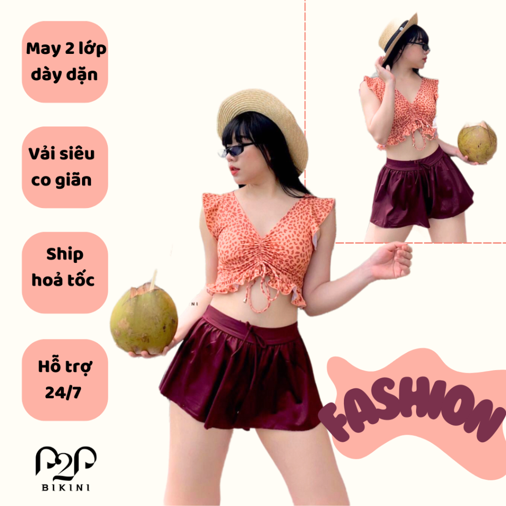 Đồ bơi Nữ áo bơi croptop tay bèo phối dây hoạ tiết beo - P2P BIKINI