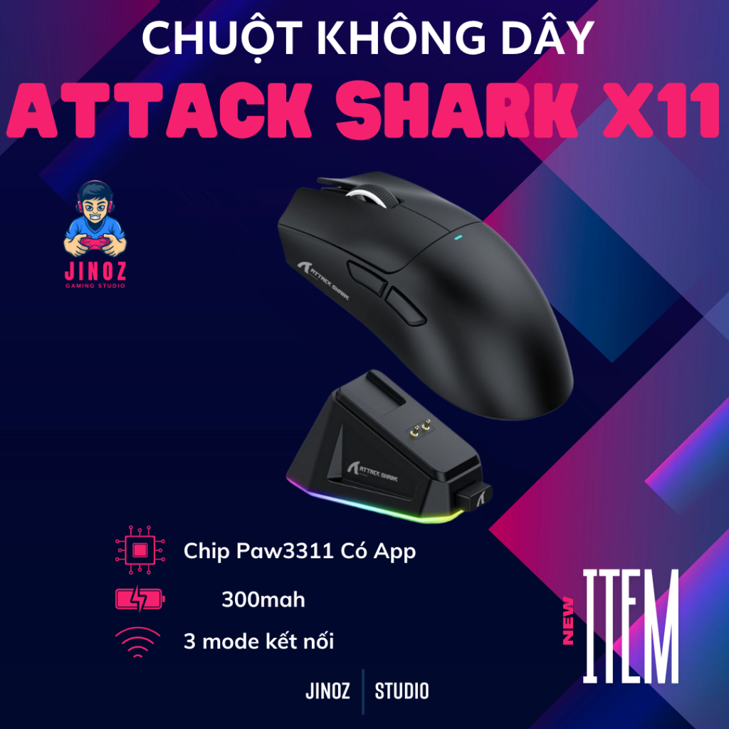Chuột Gaming Không Dây Bluetooth Attack Shark X11 Chip PRO PAW3311 Có Dock Sạc LED, 22000 DPI - Jino