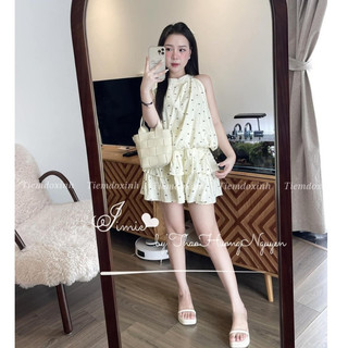 Set Yếm Nữ,Set Đồ Nữ Mùa Hè Chất Liệu Đũi Nơ Xốp Nhăn Kiểu Dáng Buộc Nơ CV Tầng Có Quần Bảo