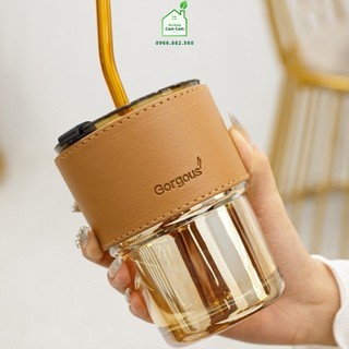 CCL208 - Cốc giữ nhiệt thủy tinh tặng kèm bao da ống hút, ly chịu nhiệt dùng uống cafe sang chảnh - Giadungcamcam