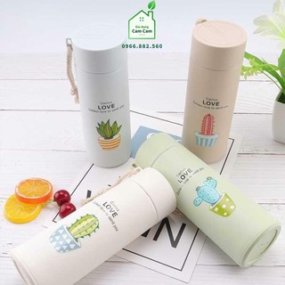 CCL206 - Bình Giữ Nhiệt In Hình Xương Rồng 450ml Lõi Thủy Tinh Bọc Nhựa Lúa Mạch Có Dây Sách Tiện Dụng - Giadungcamcam