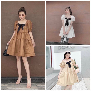 Đầm babydoll công chúa vintage cổ vuông phối nơ đen 3 màu (kèm hình thật)