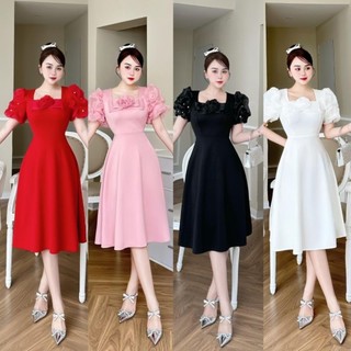 ĐẦM VÁY THIẾT KẾ TAY DÚN ĐÍNH NGỌC KÈM HOA  CHẤT THUN UMI ĐỦ SIZE